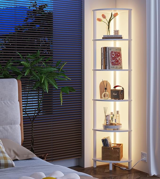 VIMBER Corners Shelf with LED Light, 6-Tier Corner Bookshelf, Industrial Corner-Ladder Shelf, Modern Display Shelf for Living Room, Bedroom, Kitchen, Home Office, Sturdy Frame, White UJSJ002W