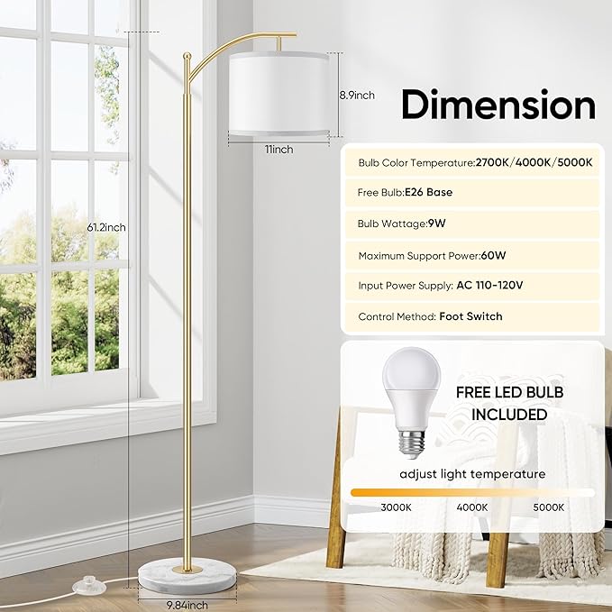 ROTTOGOON Gold Floor Lamp for Living Room with Marble Base, Modern Standing Lamp with 3 Color Temperatures Bulb & Adjustable Linen Shade, Tall Lamp for Bedroom Office Reading Nursery