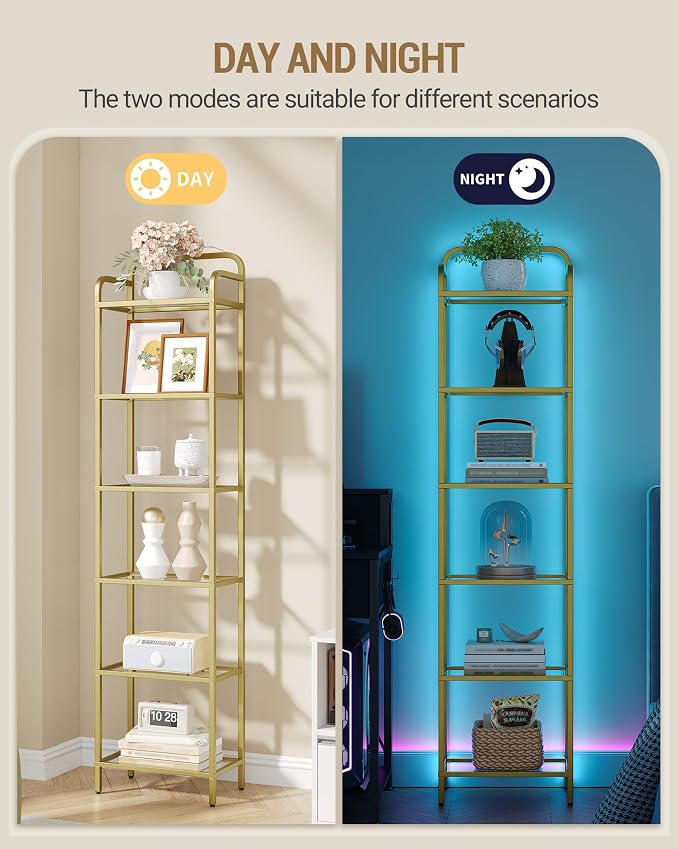 Hzuaneri Bookshelf, Tempered Glass Bookshelves with Lights and Steel Frame | Tall Narrow Bookcase, Display Shelf, Slim Shelving Unit for Living Room, Bedroom, 9.6"D x 15.4"W x 66.5"H Gold BC34699G