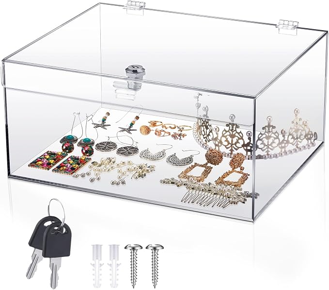 Clear Acrylic Locking Display Case with Keys Large Medication Lock Box Snack Fridge Lock Acrylic Figure Display Case Storage Box for Collectibles Figures Jewelry Toy(12.2" X 5.75" X 4.6")
