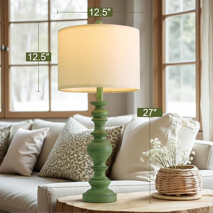 BOBOMOMO 27" Sage Green Table Lamps Set of 2, Large Farmhouse Resin Lamps with Linen Shades, Green Vintage Lamps for Living Room, Bedroom, or Entryway, Rustic Elegant Home Décor