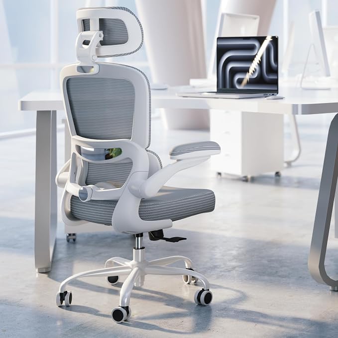 TRALT Office Chair Ergonomic Desk Chair - Gaming Chair with Lumbar Support | 330 LBS Home Office Desk Chairs with Headrest, Reading Chair with Flip-up Armrests, Comfortable Computer Chairs (1, Grey PU)