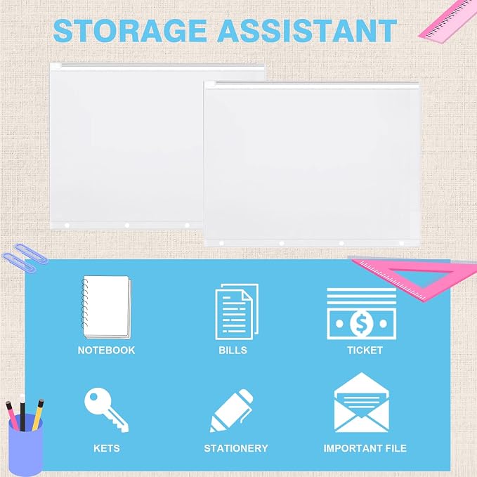 60 Pieces A4 Binder Zipper Pouches, Clear 4 Holes Document Holders | Zip Envelopes Waterproof PVC Folders Binder Pouch Filing Bags for School Office Travel Storage Document Letter Supplies