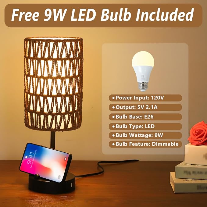 Bedside Lamps Set of 2, Touch Control Night Stand Lamp for Bedroom with Rattan & Linen Shade & Bulbs, 3 Way Dimmable Small Boho Table Lamps with USB Charging Port & Phone Stand (Coffee Color)