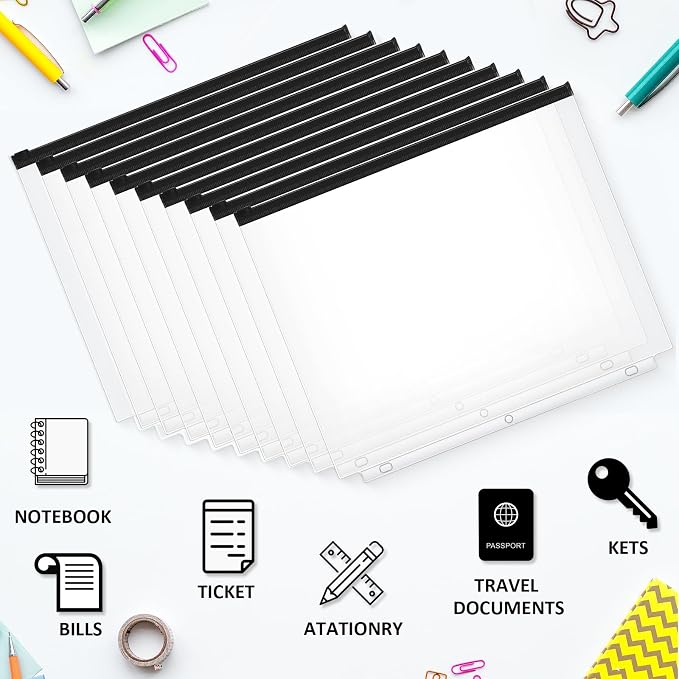 Gersoniel 40 Pieces Binder Pockets 3 Hole Zipper Pouch 3 Ring A4 Pockets with Zipper Binder Folders Plastic Pouches Loose Leaf Bags Waterproof PVC Document Filing Bag(Black)