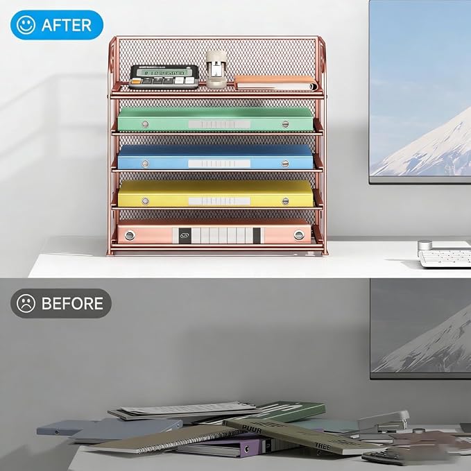 5 Tray Paper Organizer Letter Tray with Handle - Mesh Desk File Organizer, Paper Sorter Organizer for Office, Home or School File Folder Holder - Rose Gold