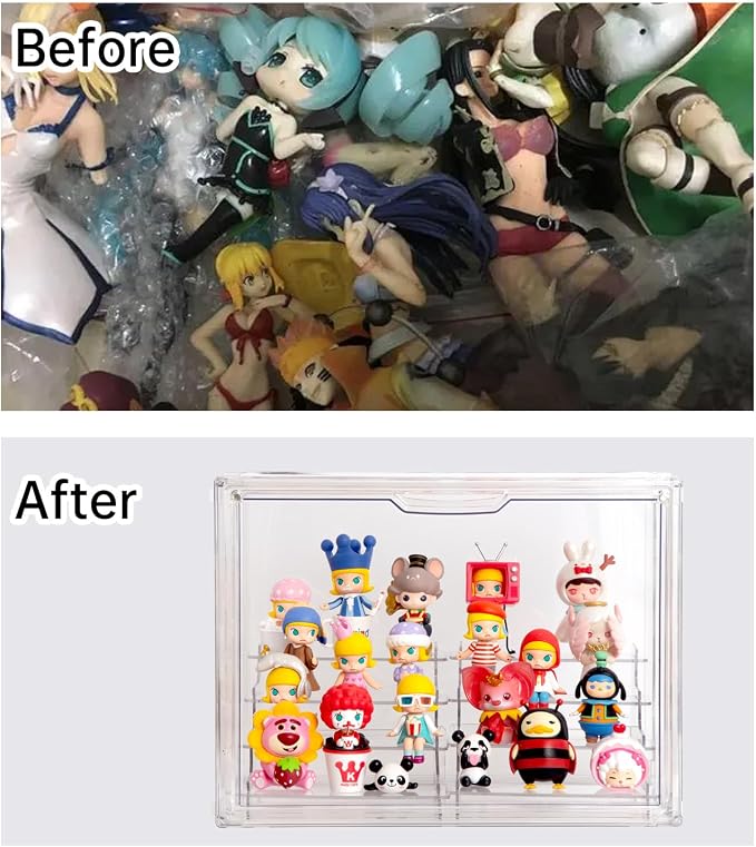 BOHOIDEE Clear Acrylic Display Case with Two Display Shelves for Figures, Dustproof Storage Organizer Box with Magnetic Door, Acrylic Collectibiles Showcase
