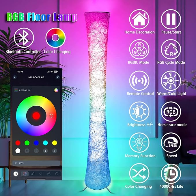 2 Pcs Floor Lamp, 61'' Smart RGB LED Corner Lamp with Music Sync and 16 Million DIY Colors, 3 Color Temperature, APP & Remote Control, Color Changing Standing Floor Lamp for Bedroom Living Room