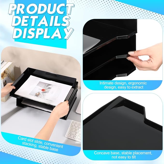 DoubleFill 4 Pcs Stackable Letter Tray Rectangular Plastic Desk Organizer 13 x 9.5 x 2.6 in Paper Holder File Tray Accessories Rack for Desktop Office Desk Drawers (Black)