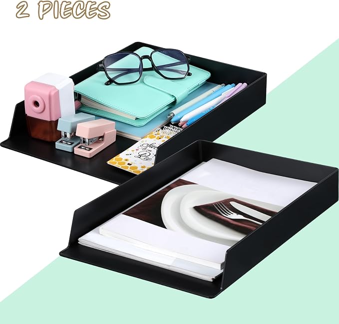 2 Pcs Stackable Paper Trays Rectangular Plastic Desk Holder Desktop Document File Organizer Storage Letter for Office Classroom (Black)