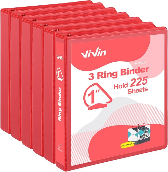 ViVin Sturdy 1 Inch D Ring Binders with 2 Pockets, 6 Pack, Red | 3 Ring Binders with Clear View Cover, Hold 225 Sheets of US Letter Size Paper, PVC-Free for Office, Home, School