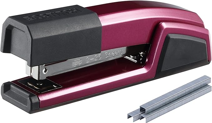 Bostitch Office Epic Metal Desk Stapler, 25 Sheet, Staple Remover, Purple | Die-cast body opens 180 degrees for bulletin boards, with a temporary stapling option and a hidden slot for backup fasteners.