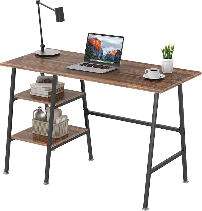 VECELO 43.1 Inch Computer Desk Home Office Walnut Study Desk Work Office Table with Shelves Wooden Desk for Bedroom