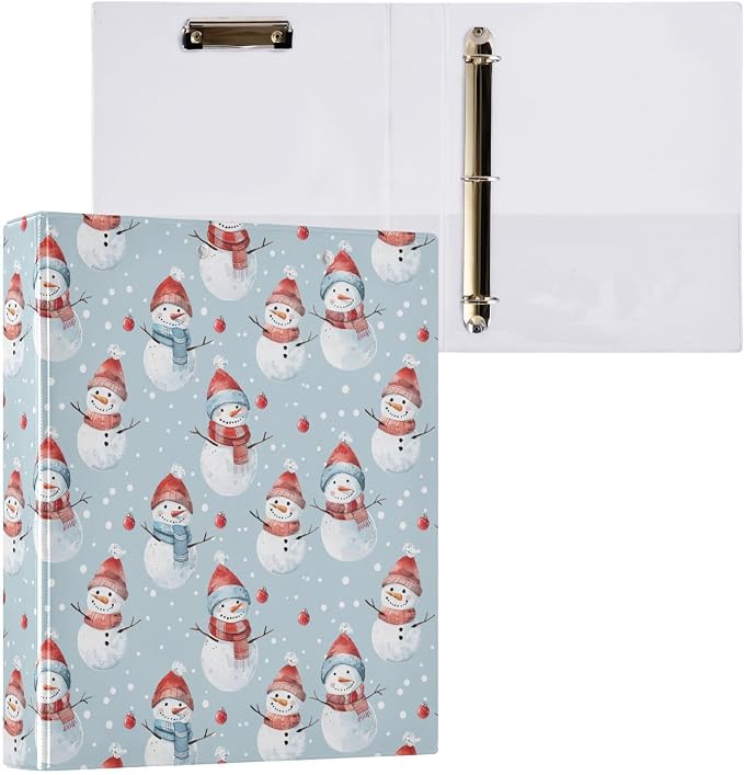 Snowman Pattern on Colored Background 3 Ring Binder 1.5" Decorative D-Ring Binder with Clipboard&3 Clear Pockets, Holds 200 Sheets A4 Size Paper Waterproof Binders for School Home Office
