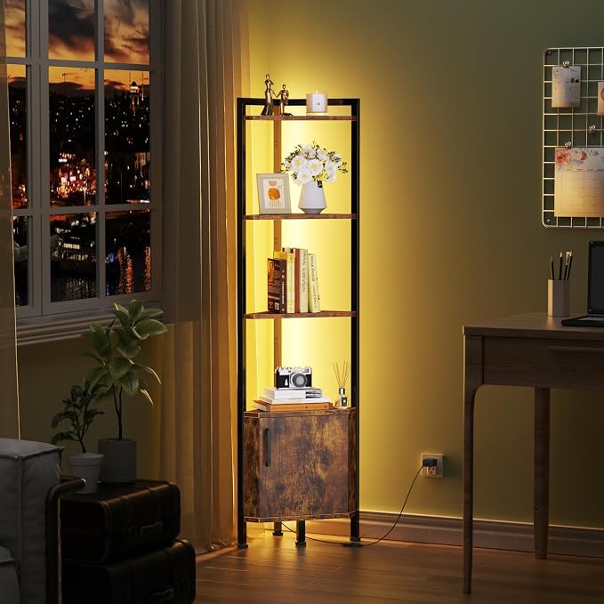 Corner Shelf Cabinet,Corner Bookshelf with Storage and LED Light | 62.8”Tall Wall Shelf Unit,Rustic Wood Display Shelves for Bedroom,Living Room,Kitchen,Metal Frame,Easy to Assemble