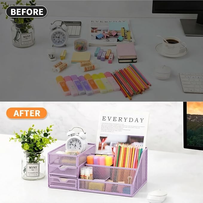 Lavatino Mesh Desk Organizer with 6 Compartments & 2 Drawers, Larger Multi-functional Desktop and Workspace Accessories Organizer for Office, Classroom, Dorm Supplies (Purple)