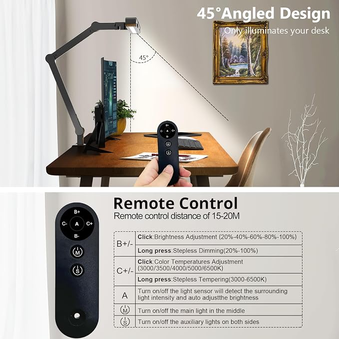 Desk Lamp with Clamp, Architect Led Desk Lamp for Home Office with Remote Control, 24W Ultra Bright Auto Dimming Computer Light Adjustable Table Light for Working Workbench (Remote)