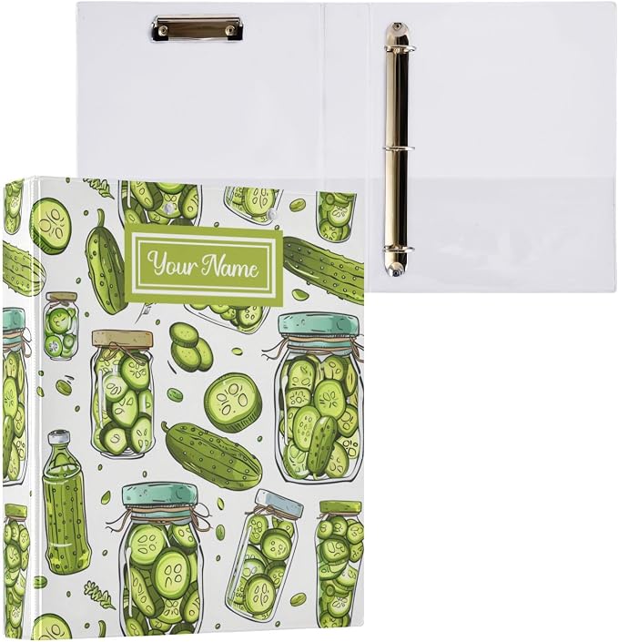 Custom Cucumbers and Pickles Personalized 3 Round Ring Binders | 1.5 Inch Binder with Clipboard, PVC Pockets, Work Organizer, Holds 200 Sheets for School Office 1 Pack