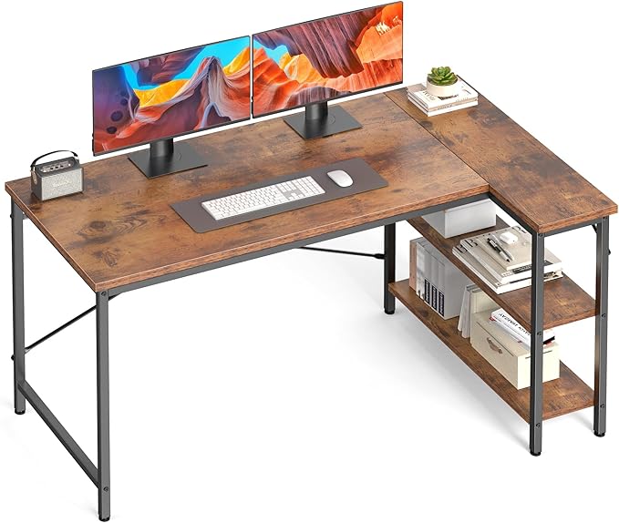DUMOS L Shaped Desk, 47 Inch Computer Gaming Corner Desks with Shelves | Home Office PC Table, Writing Working Study Desk for Bedroom Dorm, Reversible Design, Rustic Brown