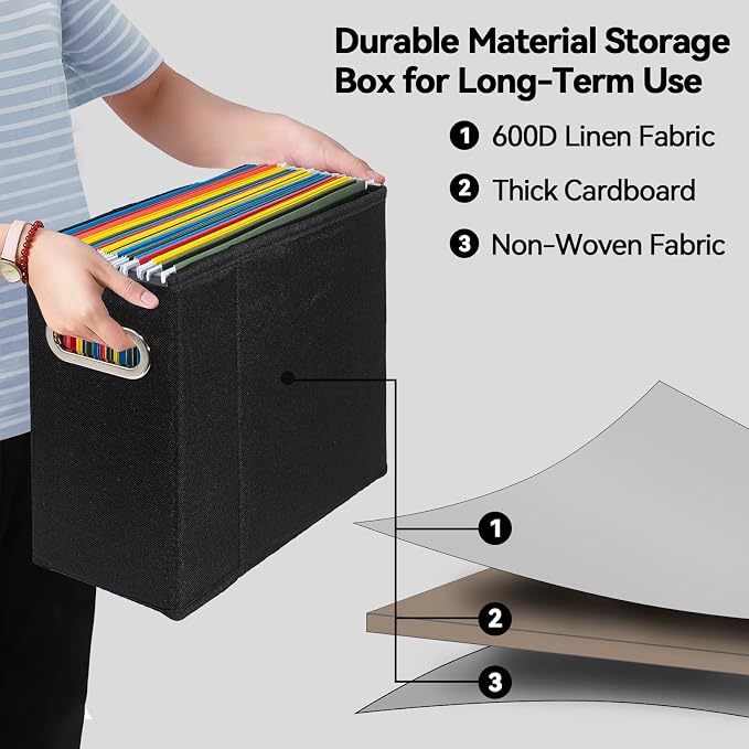 4 Packs Letter Size File Organizer, File Folders Organizer, Fabric Storage Box, Collapsible Paper Organizer with Metal Handle, Smooth PVC Rails, Only Box (Black)