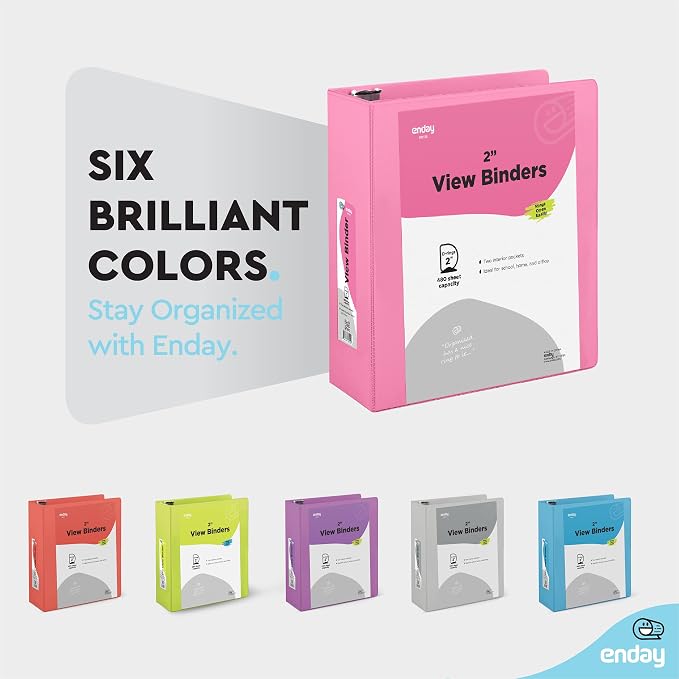 Enday 2 inch 3 Ring Binder (12 Pack - Pink) Binder 2 inch with Clear View Cover and 2 Inside Pocket - for Letter Size 8.5 x 11'' Paper, Ideal for School Supplies, Office, and Home