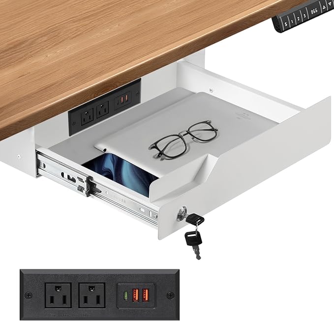 Under Desk Drawer Storage with Lock, Metal Undermount Table Drawer, Ball Bearing Slides Out Tray Organizer for Paper, Pencil, and Laptop,16"x11.8"x3.6", White With Power Strip