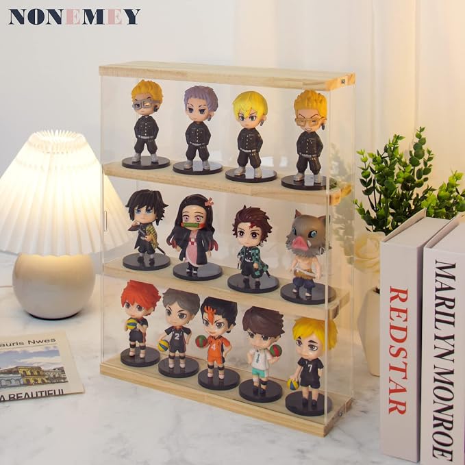 NONEMEY Clear Acrylic Display Case Stand with Wood Base 3 Tier Storage Box Wall Mount Showcase Dustproof Organizer Box for Collectibles (3Tier 12×3.3×15inch)