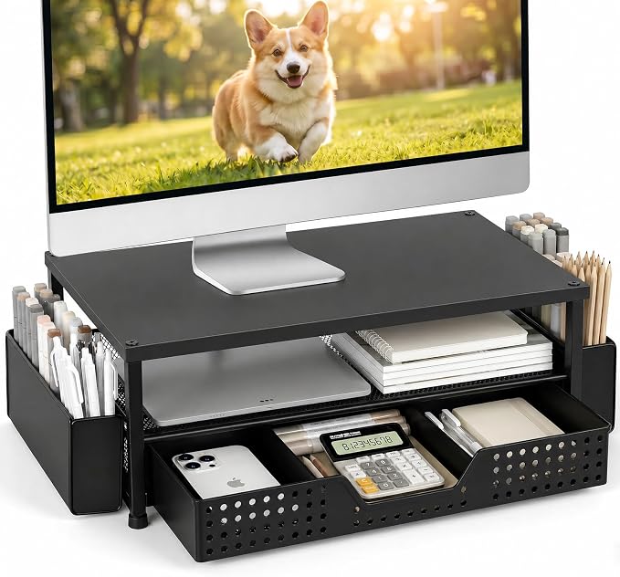ECOLOVI Desk Organizer and Accessories, 2-Tier Computer Monitor Stand Rise with Storage Drawer & 2 Pen Holders, Laptop & Printer Stand for Desktop, Workspace Organizers for Office Supplies (Black Wood)