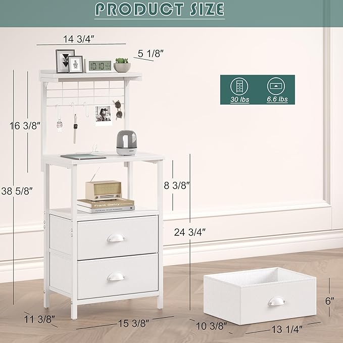 sthmec Tall Nightstands with Charging Station, LED Night Stand Bedsides with 2 PU Finish Fabric Drawers,Hooks,USB Port and Oepn Storage Shelves,Tall End Table Bedside for Bedroom,Office, White
