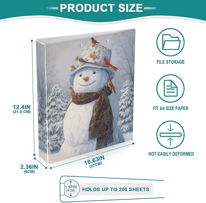 Birds and Winter Snowman Binder 3 Ring 1.5 Inch Binder with Clipboard&Pockets, Hardcover Binders Heavy Duty Large File Folder for Office School Supplies - Holds 200 Sheets