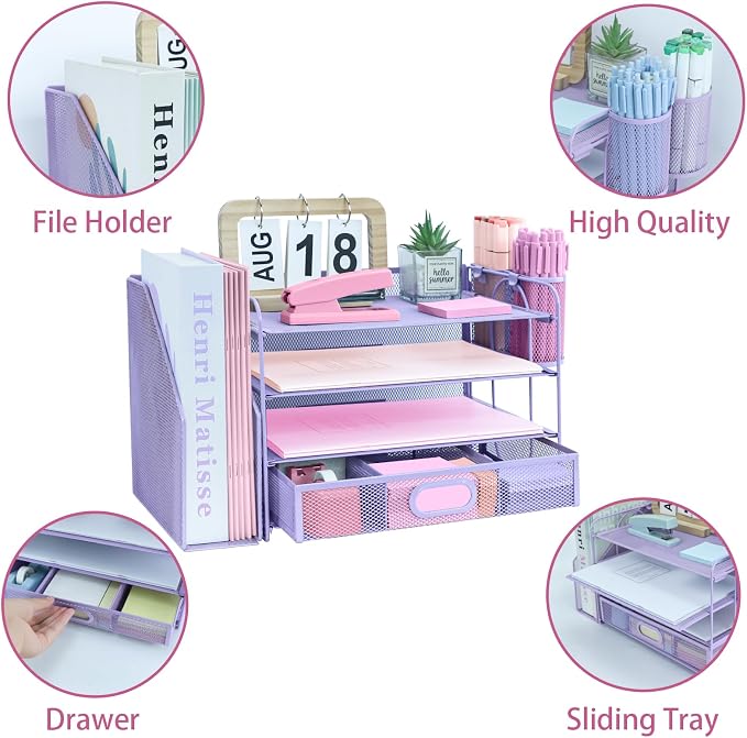 Desk Organizers and Accessories with File Holder, 4-Tier Paper Letter Tray Organiser with Drawer and 2 Pen Holder, Mesh Desktop Document Organizer for Office Supplies, Workspace - Purple