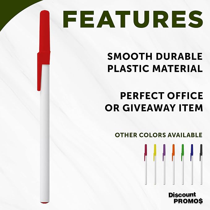 DISCOUNT PROMOS Value Stick Pens Set of 10, Bulk Pack - Blue Ink, Great for Office, School, Business, Tradeshows, Events - Red Cap