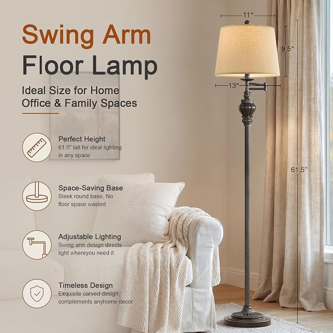 Vintage Floor Lamp with 350° Adjustable Swing Arm 61" Lamps for Living Room | Antique Brass Standing Lamp, Retro Bronze Bedroom Floor Lamp, Mid Century Farmhouse Rustic Traditional Tall Swivel Pole Lamp
