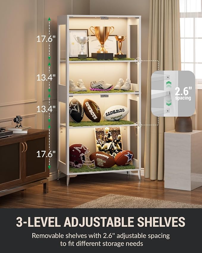 Display Cabinet with Glass Doors, 4-Tier Curio Cabinet, Adjustable Shelves, 60,000 Color Lights for Collectibles, Glass Display Case with App & Remote Control, Bookcase, Storage Cabinet, White