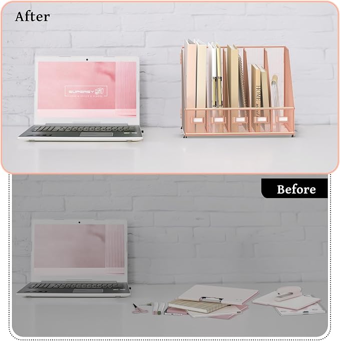 Desk Organizers Metal Desk Magazine File Holder with 5 Vertical Compartments Rack File Organizer for Office Desktop, Home Workspace, Rose Gold