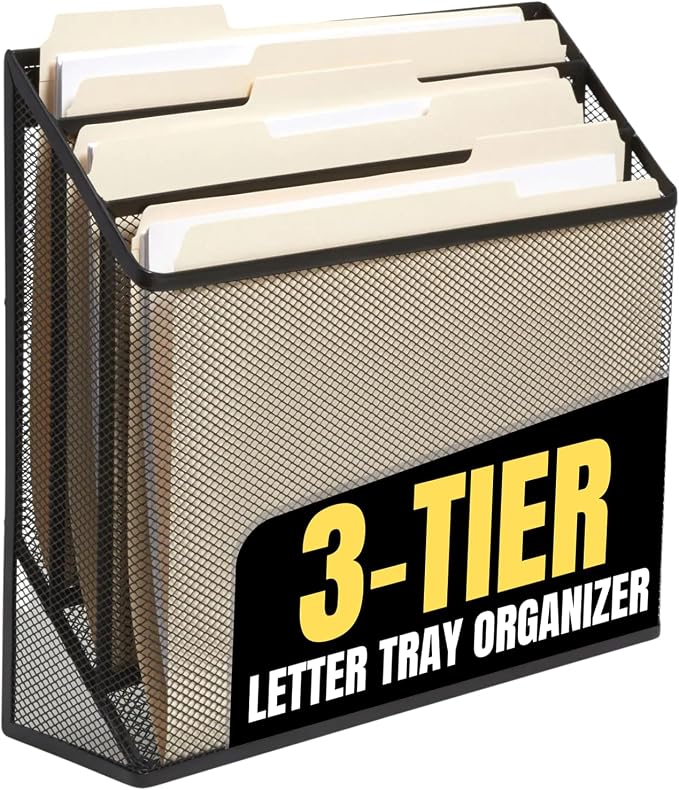 1InTheOffice 3 Tiers File Folder Organizer, Desk Sorter, Black Mesh Organizer