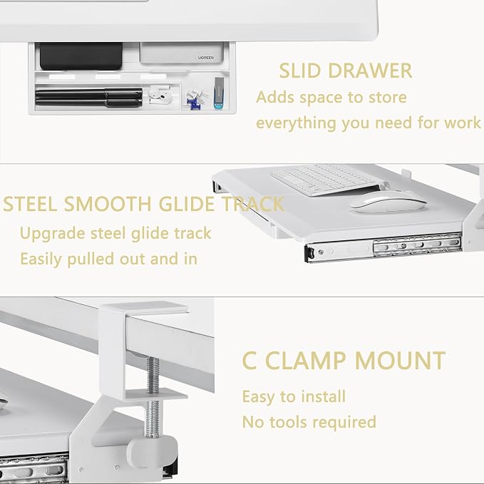 ETHU Under Desk Keyboard Tray - Small Slide Out Keyboard Shelf with C Clamp Mount, 19.7" x 11.8" Ergonomic Pull Out Tray for Home Office Desk, White