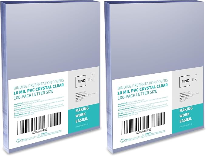 Binditek 10 Mil PVC Binding Covers, 8.5 x 11 Inches, Clear, 200 Pack