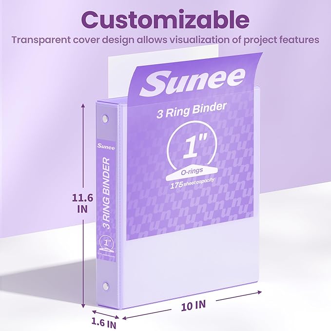SUNEE 3 Ring Binder 1 Inch 4 Pack, Clear View 1" Binders Three Ring PVC-Free (Fit 8.5x11 Inches) for School or Office Supplies, Purple