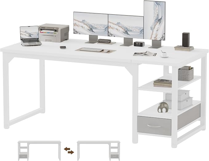 63 in Computer Desk with Drawer, 1" Thick Reversible Office Desk | Large Modern Writing Table with Storage Shelves, Heavy Duty Industrial Executive Desk for Home Bedroom Study Work