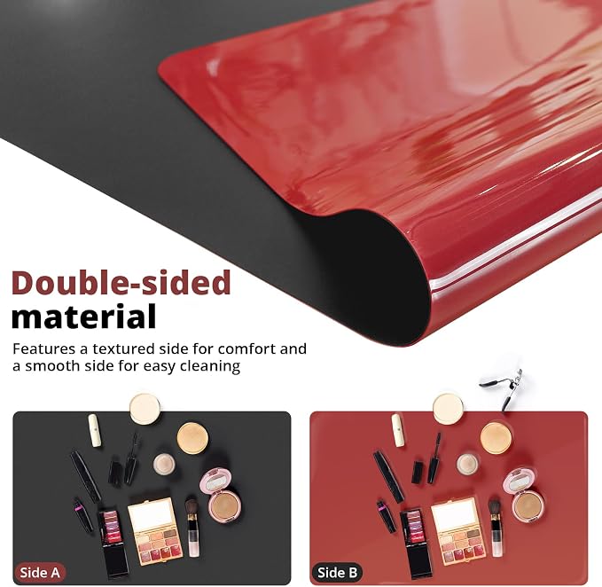 LovePads Makeup Mat for Vanity, 16" x 36" PVC Desk Mat & Dresser Cover Top | Waterproof Desk Protector, Vanity and Desk Accessories; Wipes Clean, Ideal for Writing, Nail Art, Craft Table, Black+Red