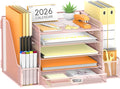 Mesh Desk Organizer with File Holder, 5-Tier Paper Letter Tray Organizer with Magazine Holder, Desktop Organizer and Storage with Drawer for Office Supplies Home or School (Pink) | Two side magazine holders and a bottom drawer store papers, folders, no...