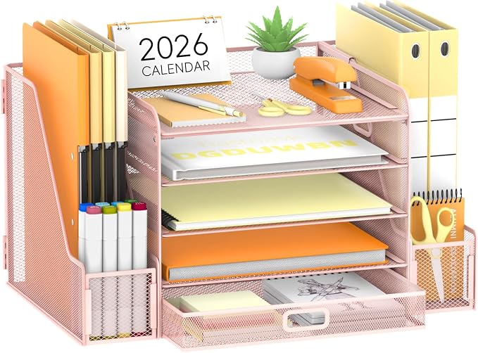 Mesh Desk Organizer with File Holder, 5-Tier Paper Letter Tray Organizer with Magazine Holder, Desktop Organizer and Storage with Drawer for Office Supplies Home or School (Pink) | Two side magazine holders and a bottom drawer store papers, folders, no...