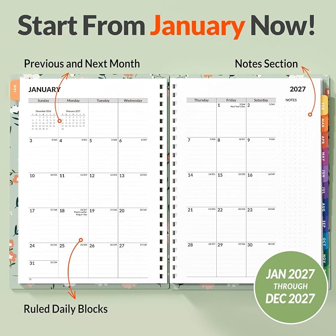 SUNEE 2027 Appointment Book, Quarter-Hourly, Weekly Monthly Planner, 6" x 8.3",Green Wildflower