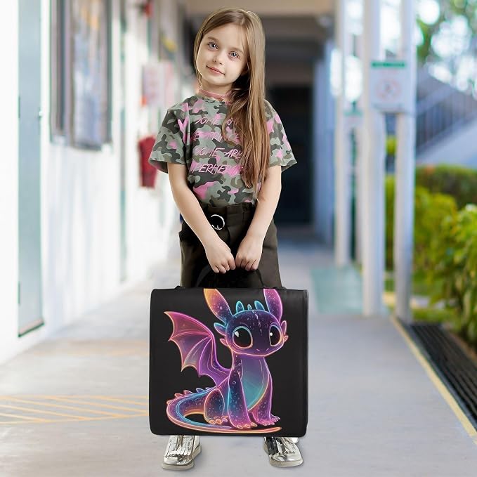 3 D-Ring Zipper Binder Bag, Cartoon Purple Glowing Dragon Removable Binder with Zipper Case Hold 300+ Sheets& 13 Inch Laptop for School Office Supplies Organizer