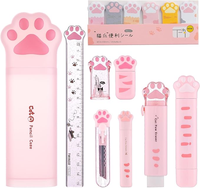 9 Pcs Cute Cat Paw Stationery Set Kawaii School Supplies Including Pencil Sharpener Retractable Eraser Correction Tape Sticky Notes Ruler Mini Scissors Utility Knife for Cat Lovers Students (Pink)