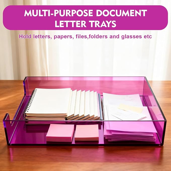 Paper Tray Acrylic File Organizer for Desk Letter Tray Desk Organizer Document Holder Sorter Storage for A4 Office Supplies Magazines, 13.8x10.6x2.4 Inches, Bright Purple