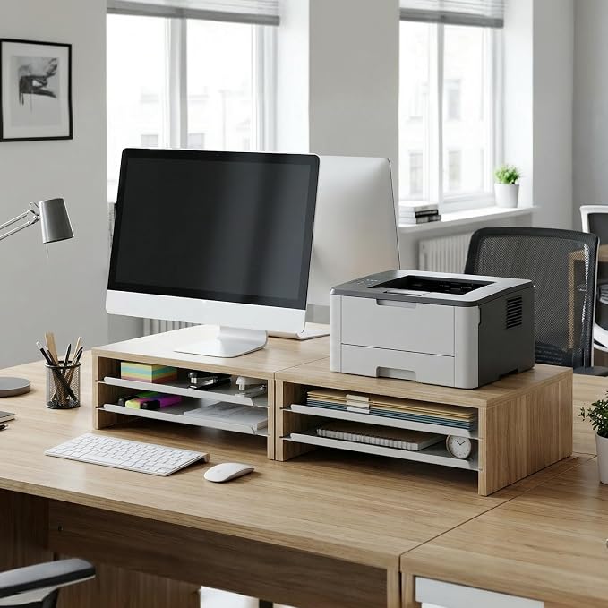 Fenge 14.3-Inch Monitor Stand with Slide-Out Trays, Wood & Metal Desk Shelf | 3-Tier Space-Saving Desk Storage Organizer, Fits Computer, Laptop, Printer and Telephone