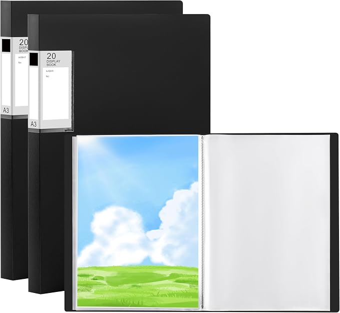 A3 Plastic Presentation Book with 20 Pockets, 2 Pack | PP Material Clear Sleeves Project Folder, Portfolio Organizer for Documents, Artwork, Office & School Supplies (Black)