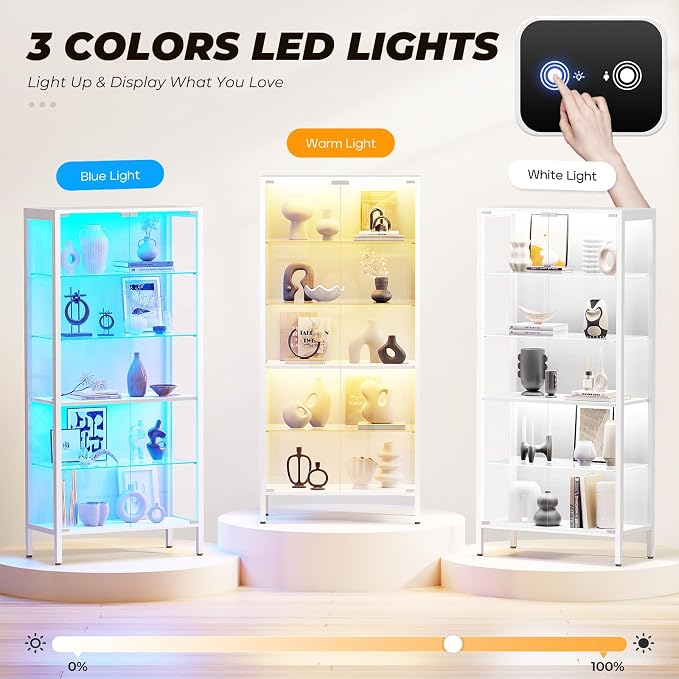Glass Display Cabinet, 5-Tier Display Case with Adjustable Glass Shelves, Metal Curio Cabinet with 3 Color Lights for Collectibles, Bookcase with Human Body Sensor, White